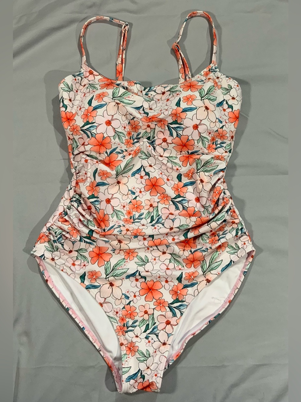Floral Ruched One Piece Swimsuit Coral Green Sweetheart Neck